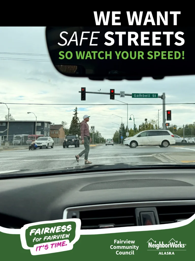 Fairview pedestrian safety ad, "We want safe streets."