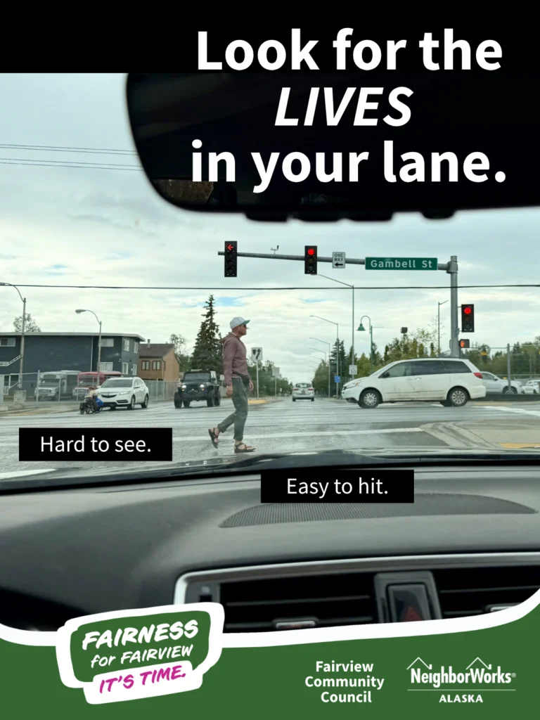 Fairview pedestrian safety ad, "Look for the lives in your lane."